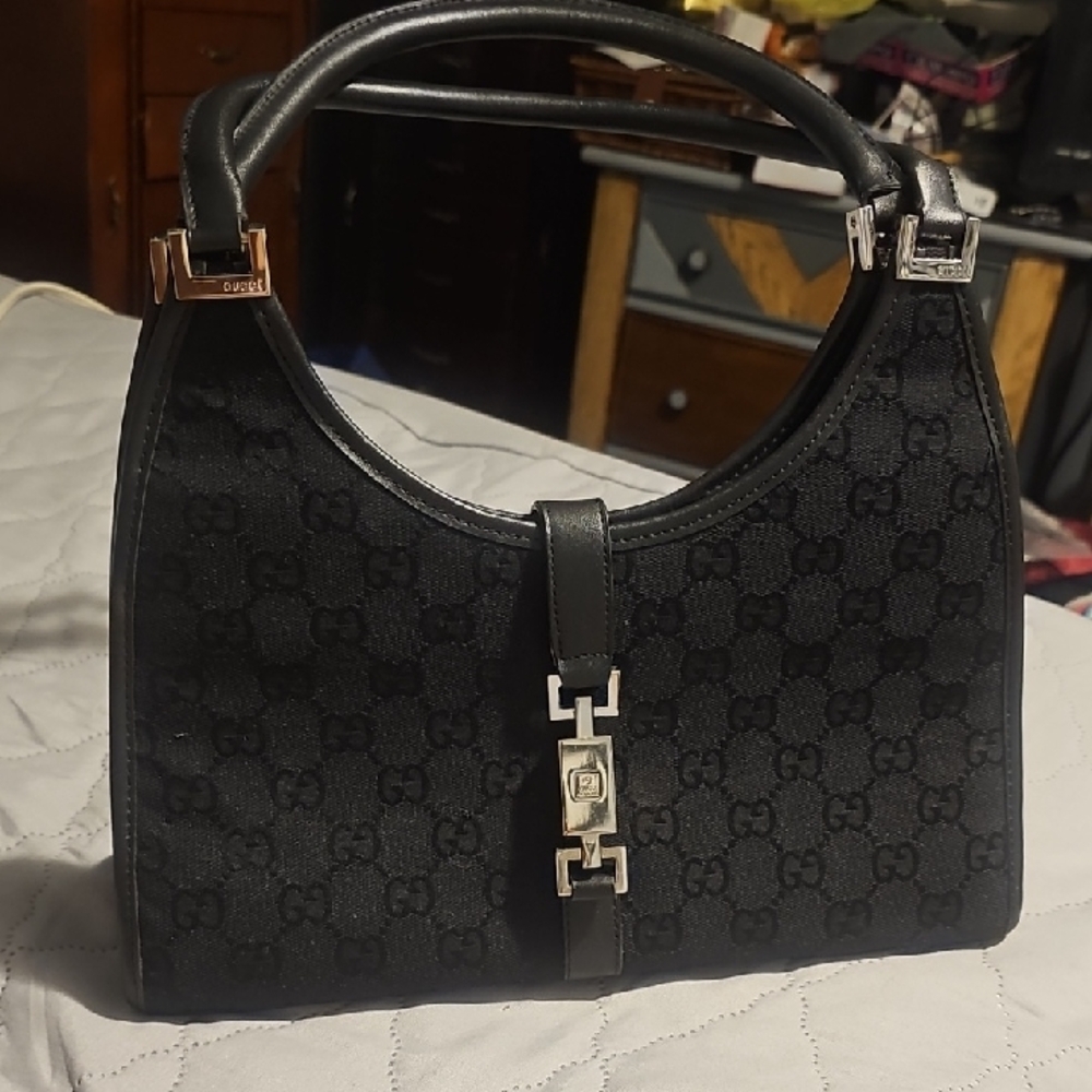 Gucci Black Monogram Shoulder Bag with Leather Trim